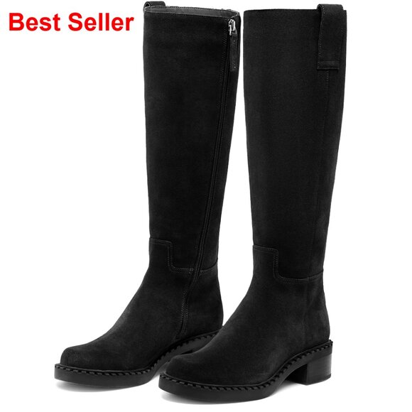 Women's Knee High Boots Faux Leather Chunky Heel Square Toe Side Zipper